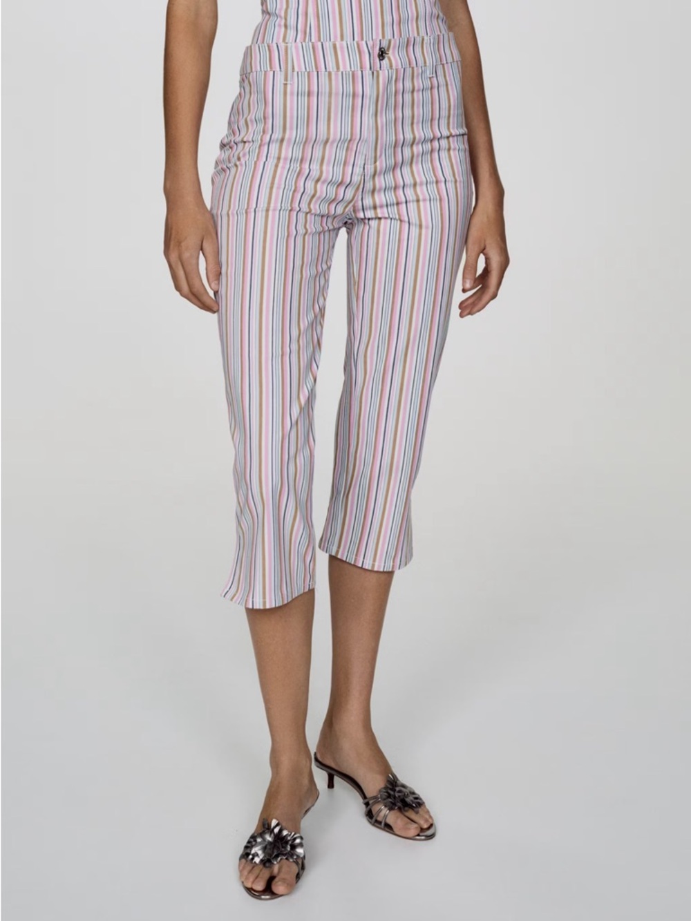 Mango Striped Cropped Capris in White with Pink, Blue and Green Stripes